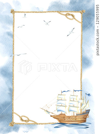 Card template with ship, ropes and seagulls for Baby greeting cards or childish invitations. Hand drawn watercolor illustration of frame with sailboat in blue and brown colors. Nautical illustration. 129055995
