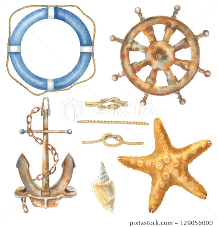 Anchor, steering wheel, lifebuoy, sea nodes, starfish. Hand drawn watercolor illustration of symbols of adventure voyage, tourism, outdoor on isolated background. Nautical vintage elements set. 129056000