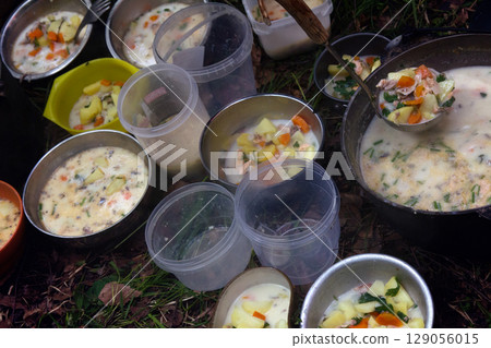 lot of plates with food in campaign lot of plates with food in campaign 129056015