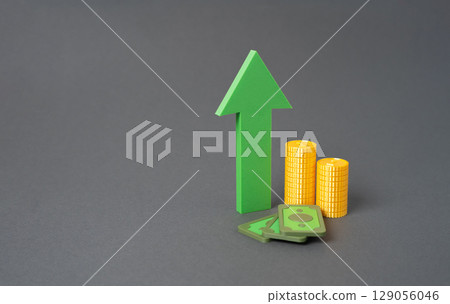 Money and green growth arrow. Increase in profit and wealth. Money supply. Wealth accumulation rises. Economic optimism. Business margins. Monetary policy boosts liquidity. Financial confidence 129056046