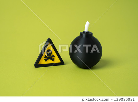 Bomb ball with fuse and danger sign. Explosives. Area evacuation. Safety protocols. Security tightened. 129056051
