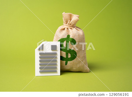 Dollar money bag and financial report. Analyzing profits and losses. Corporate finance, strategic planning. Fiscal accountability in economic reporting. Wealth management scenarios. Dollar money bag and financial report. Analyzing profits and losses. Corporate finance, strategic planning. Fiscal accountability in economic reporting. Wealth management scenarios. 129056191