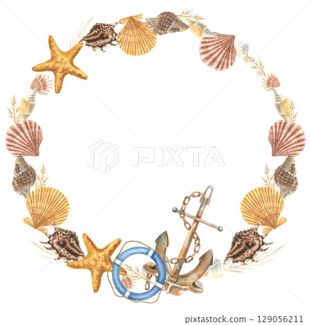 Wreath with whimsical seashells, starfish, lifebuoy and rusty anchor. Hand drawn watercolor illustration of round frame with marine elements on isolated background. Design for cards or posters. Wreath with whimsical seashells, starfish, lifebuoy and rusty anchor. Hand drawn watercolor illustration of round frame with marine elements on isolated background. Design for cards or posters. 129056211