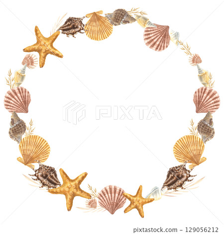 Seashells wreath. Hand drawn watercolor illustration of sea conch and starfish on isolated background. Nautical circle frame. Underwater border for icon or logo in marine style with cockleshells. Seashells wreath. Hand drawn watercolor illustration of sea conch and starfish on isolated background. Nautical circle frame. Underwater border for icon or logo in marine style with cockleshells. 129056212