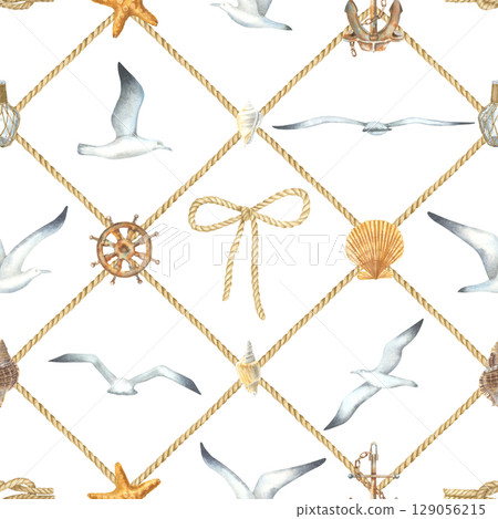 Marine seamless pattern with a seagulls in various poses, steering wheel, rope bow, shells, anchor, on a white background. Hand drawn watercolor illustration in nautical style for fabric, wallpaper. 129056215