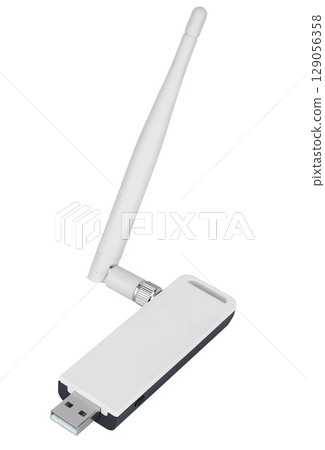 White Wi-Fi adapter with USB and external antenna. On white background. 129056358