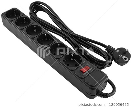 A surge protector with an extension cord, black in color, on a white background. A surge protector with an extension cord, black in color, on a white background. 129056425