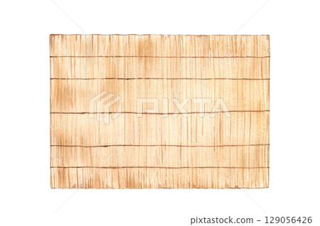traditional Japanese bamboo mat or blind watercolor illustration isolated background. East Asian horizontal misu screen or sudare. Hand painted brown placemat for tableware sketch for menu design. 129056426