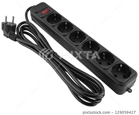 Compact extension cord with surge protection and power button. 129056427