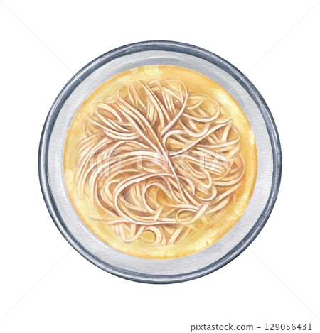 Fresh homemade soup with noodles in bowl watercolor illustration isolated on white background. Chicken vegetable yellow broth with pasta. Traditional Japanese miso soup. For menu design, food blog 129056431