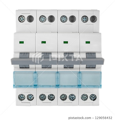 Industrial circuit breaker from side, isolated. Housing elements and connection terminals clearly visible. Industrial circuit breaker from side, isolated. Housing elements and connection terminals clearly visible. 129056432