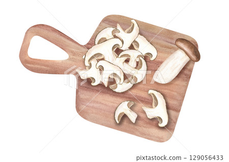Fresh sliced eringi or shiitake mushrooms on wooden board watercolor illustration isolated on white background. Cooking Korean, Japanese or Chinese style mushroom dishes. Vegan food, organic product Fresh sliced eringi or shiitake mushrooms on wooden board watercolor illustration isolated on white background. Cooking Korean, Japanese or Chinese style mushroom dishes. Vegan food, organic product 129056433
