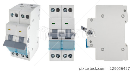 Classic modular switch for automating the electrical network. Simple and clear technical object for presentations. Classic modular switch for automating the electrical network. Simple and clear technical object for presentations. 129056437