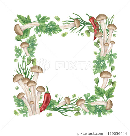 Fresh healthy ingredients for Asian cuisine watercolor illustration isolated background. Shimeji mushrooms, red chili, parsley, oregano, dill, and green peas square frame with empty space for text. 129056444