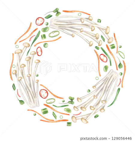 Fresh enoki mushrooms, red and green peppers, sliced herbs, carrots and daikon watercolor wreath isolated on white. Raw ingredients for Korean, Japanese, Chinese dishes. Empty space for text 129056446