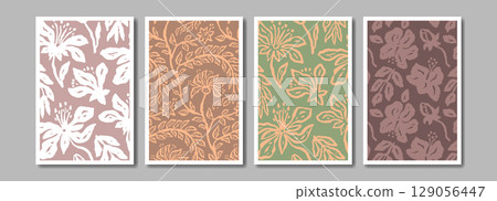 Ink brush abstract floral pattern for poster or card design set. Minimalist doodle nature background bundle for social media or wall art 129056447