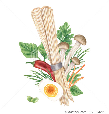 Ramen soup ingredients watercolor illustration isolated on white. Raw noodles, shimeji mushrooms, red chili, boiled egg, beans, carrot slices, parsley, dill and basil. For food blogs, recipe books Ramen soup ingredients watercolor illustration isolated on white. Raw noodles, shimeji mushrooms, red chili, boiled egg, beans, carrot slices, parsley, dill and basil. For food blogs, recipe books 129056450