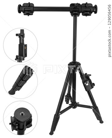 Adjustable tripod with clips on each leg. on white background Adjustable tripod with clips on each leg. on white background 129056456