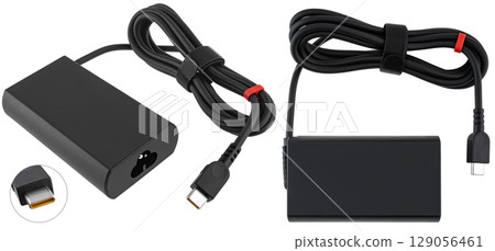 Laptop power adapter with plug and plug. on white background Laptop power adapter with plug and plug. on white background 129056461