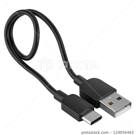 Close-up of cable with USB and Type-C connectors, on white background in isolation 129056463