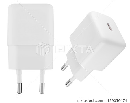 Compact power adapter, white, on white background in insulation 129056474