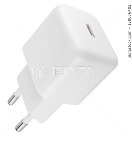 Compact power adapter, white, on white background in insulation 129056482