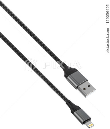 USB Lightning cable with nylon braid. on white background 129056495
