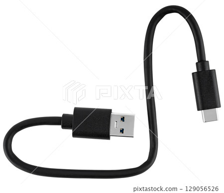 Quality cable with Type-C and USB connectors. On a white background in insulation 129056526