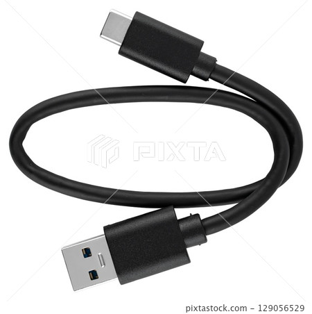 Quality cable with Type-C and USB connectors. On a white background in insulation 129056529
