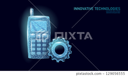Old mobile phone with gear. Retro cell phone represents technical solutions and progress. Technology communication telecommunication development. Low poly neon dark background vector illustration 129056555