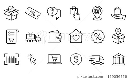 Online shopping icon set. E-commerce pictograms represent digital retail sales. Website app store logistics marketing promotion. Minimalist line art style transparent background Online shopping icon set. E-commerce pictograms represent digital retail sales. Website app store logistics marketing promotion. Minimalist line art style transparent background 129056556