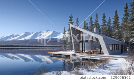 Modern glass cabin in front of snow-capped mountains 129056561