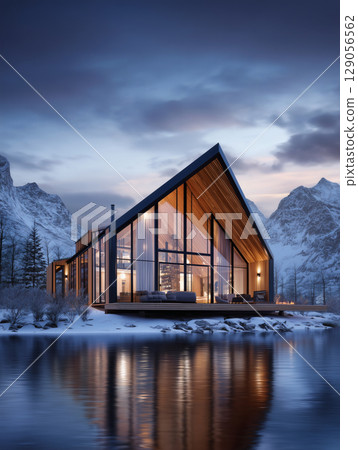 Modern glass cabin in front of snow-capped mountains 129056562