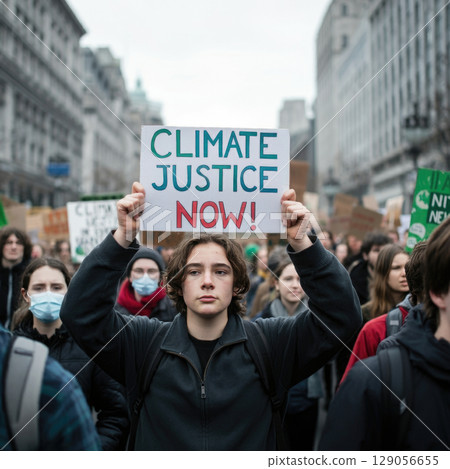 A young protester holds a cardboard sign reading Climate Justice Now during a climate protest march, surrounded by a crowd demanding urgent environmental action. 129056655