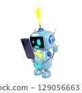 Cute blue robot with a surprised face looking at a smartphone 129056663