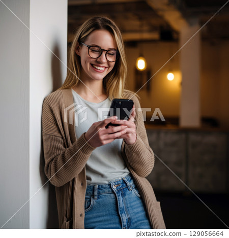 Happy young woman using smartphone while leaning against a wall indoors 129056664