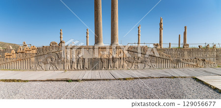 Ruins of Persepolis, the grand ceremonial capital of the Achaemenid Empire, showcasing Persian imperial architecture and culture. 129056677