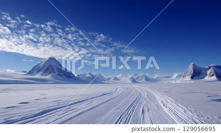 Tire tracks leading to the snow-capped mountains 129056695