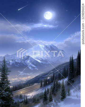 Night road leading to snow-capped mountains and starry sky 129056814