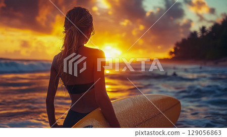 woman, surfboard, beach 129056863