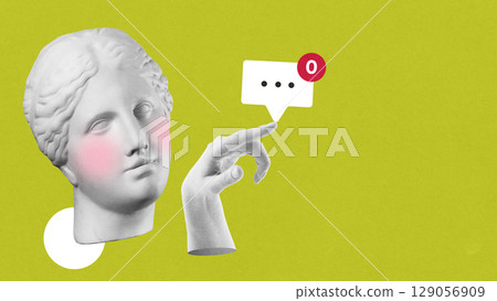 Modern artwork of female sculpture head and hand with zero messages symbol on green background 129056909