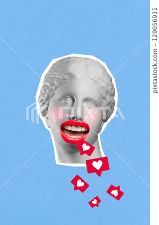 Surreal collage of classical sculpture head shouting likes with vivid lips and social icons 129056911