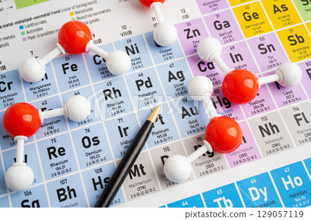 Molecules chemical on a periodic table background. 129057119