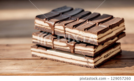 Stack of Premium Milk and Dark Chocolate Bars on Rustic Wooden Background 129057260