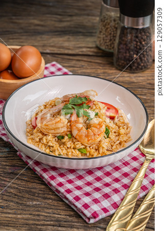 The Shrimp Fried Rice for Thai food and cooking concept The Shrimp Fried Rice for Thai food and cooking concept 129057309