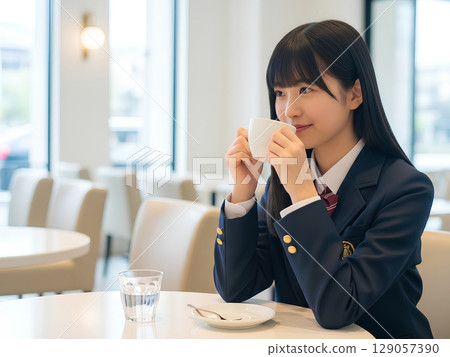 High school girl relaxing at a cafe 129057390