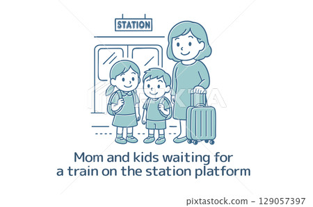 Mom and kids waiting for the train Mom and kids waiting for the train 129057397