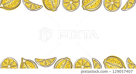Hand drawn frame with lemon slices on white background. Border for summer food, drink and organic fruit banner. 129057407