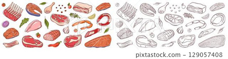 Meat and salmon fish big collection with steak, sausage, drumstick, bacon, fillet, vegetable, herb and spice in flat and line art style. Perfect for delivery logo, restaurant wallpaper and recipe book 129057408