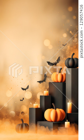 Halloween-themed illustration featuring stacked pumpkins, candles, and bats against a warm, atmospheric background with soft bokeh effects for seasonal decor 129057416